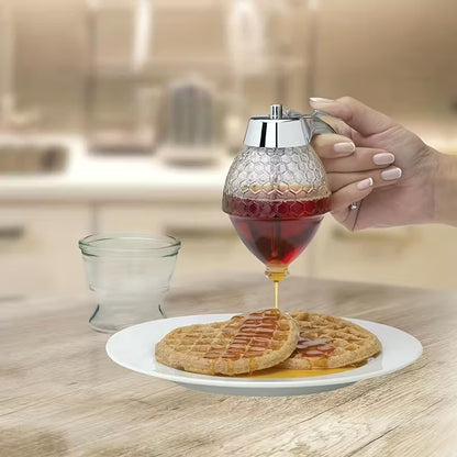 Drip-free honey dispenser, maple syrup pouring bottle, honey jar with stand, exquisite honeycomb-shaped honey pitcher