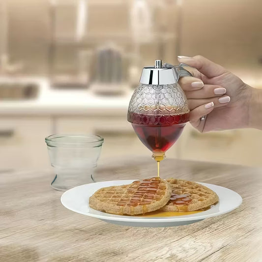 Drip-free honey dispenser, maple syrup pouring bottle, honey jar with stand, exquisite honeycomb-shaped honey pitcher