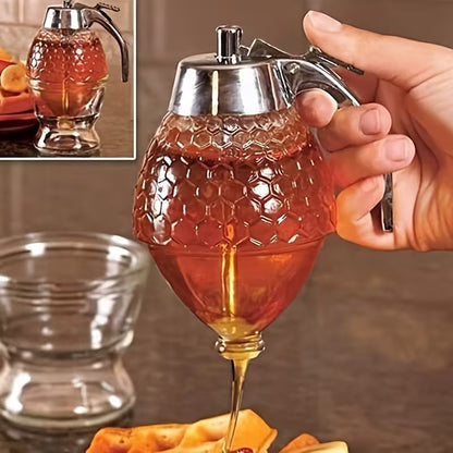 Drip-free honey dispenser, maple syrup pouring bottle, honey jar with stand, exquisite honeycomb-shaped honey pitcher
