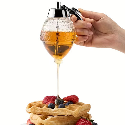 Drip-free honey dispenser, maple syrup pouring bottle, honey jar with stand, exquisite honeycomb-shaped honey pitcher