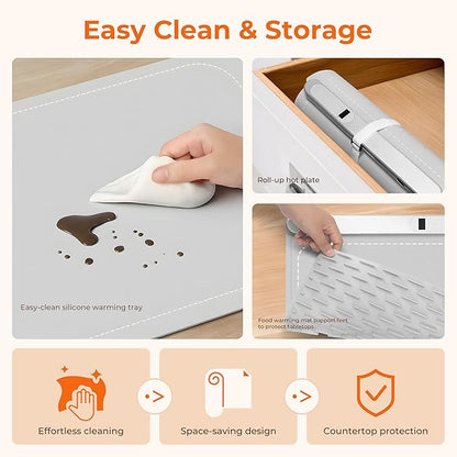 Electric Warming Tray Food Warmer Plate Foldable Portable Smart Food Fast Heating Mat Electric Warming Tray with 3 Tem Setting