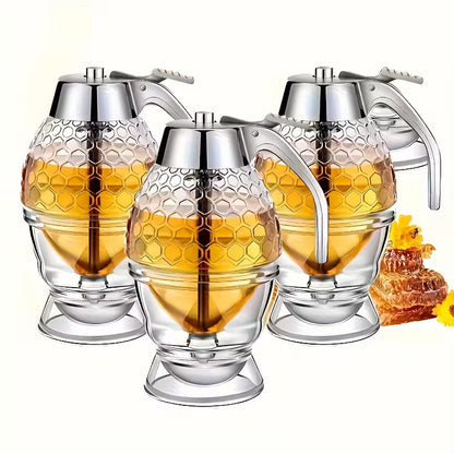 Drip-free honey dispenser, maple syrup pouring bottle, honey jar with stand, exquisite honeycomb-shaped honey pitcher