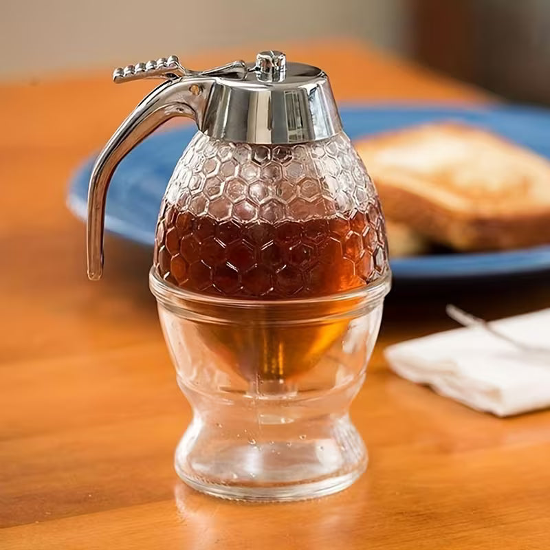 Drip-free honey dispenser, maple syrup pouring bottle, honey jar with stand, exquisite honeycomb-shaped honey pitcher